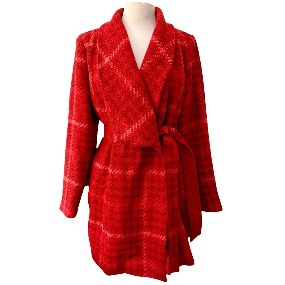 Cabi Evita Red Plaid Wrap Coat Belted Shawl Collar Women’s L #4295
